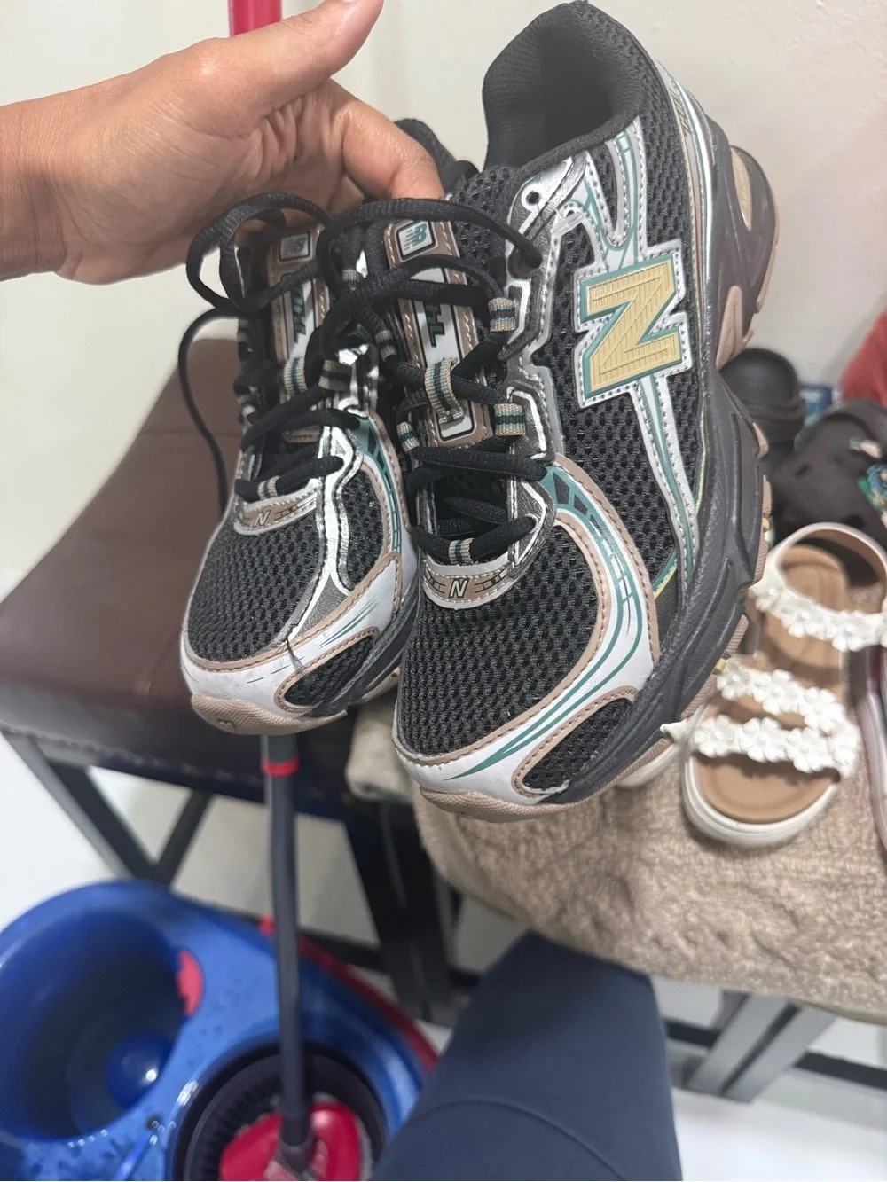 New Balance Kids Black Sneakers with Teal & Tan Accents
